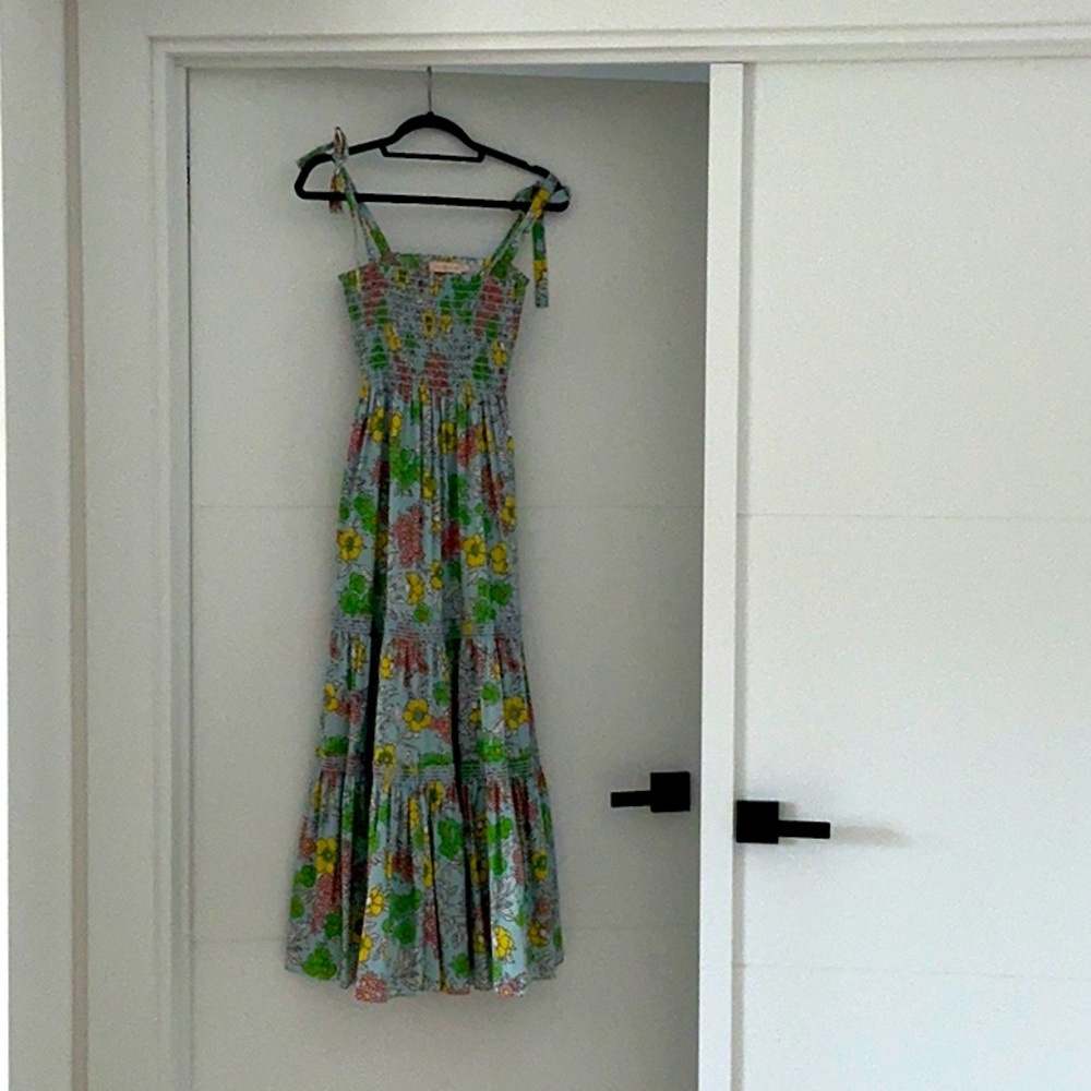 Tory Burch Wallpaper Floral Print Tie Shoulder Dress Blue Smocked Tiered Maxi M